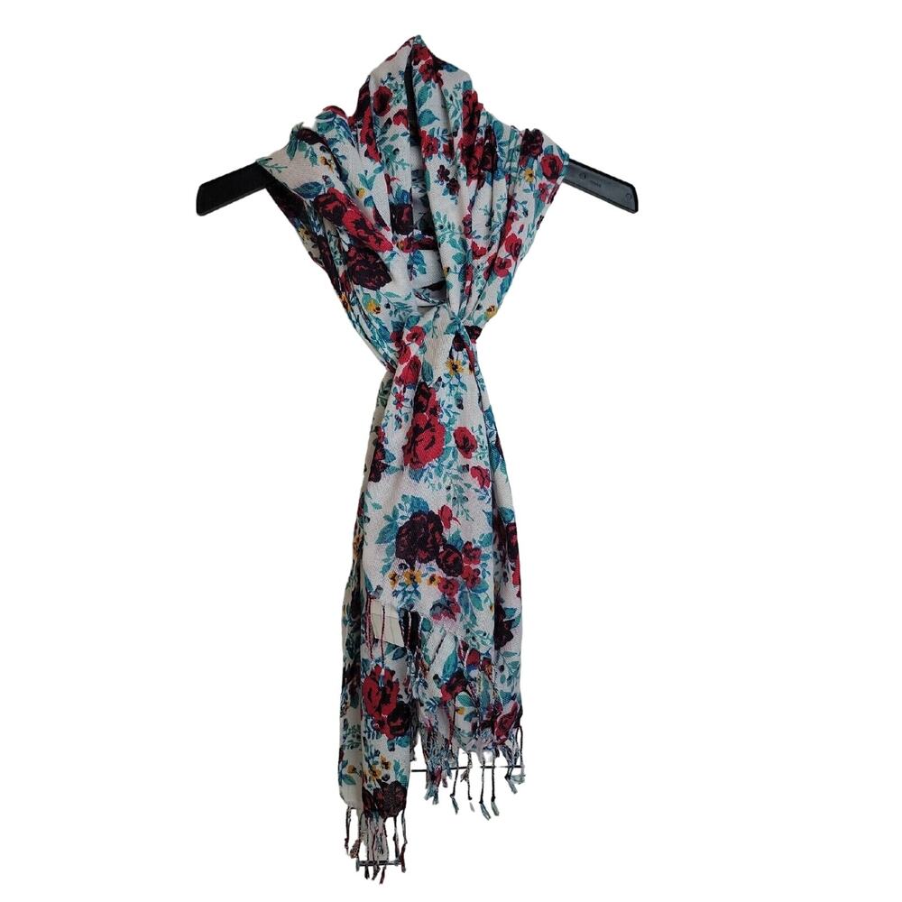 Pashmire White Red Floral Print Neck Warmer Fringe Wrap Scarf Women's Size 72"